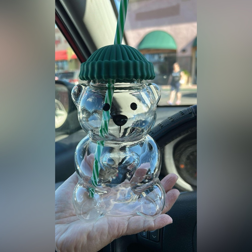 Holiday Bear Shaped Clear Cup with Green Lid
